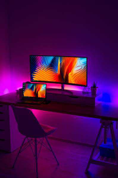 desk setup with LED strip light